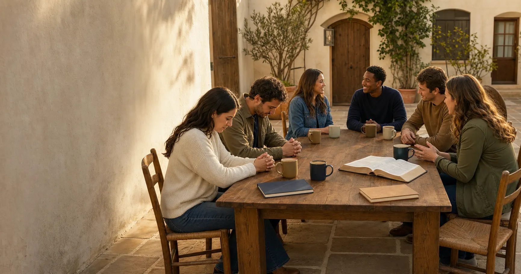 Christians sharing conversation, prayer, and friendship around a table